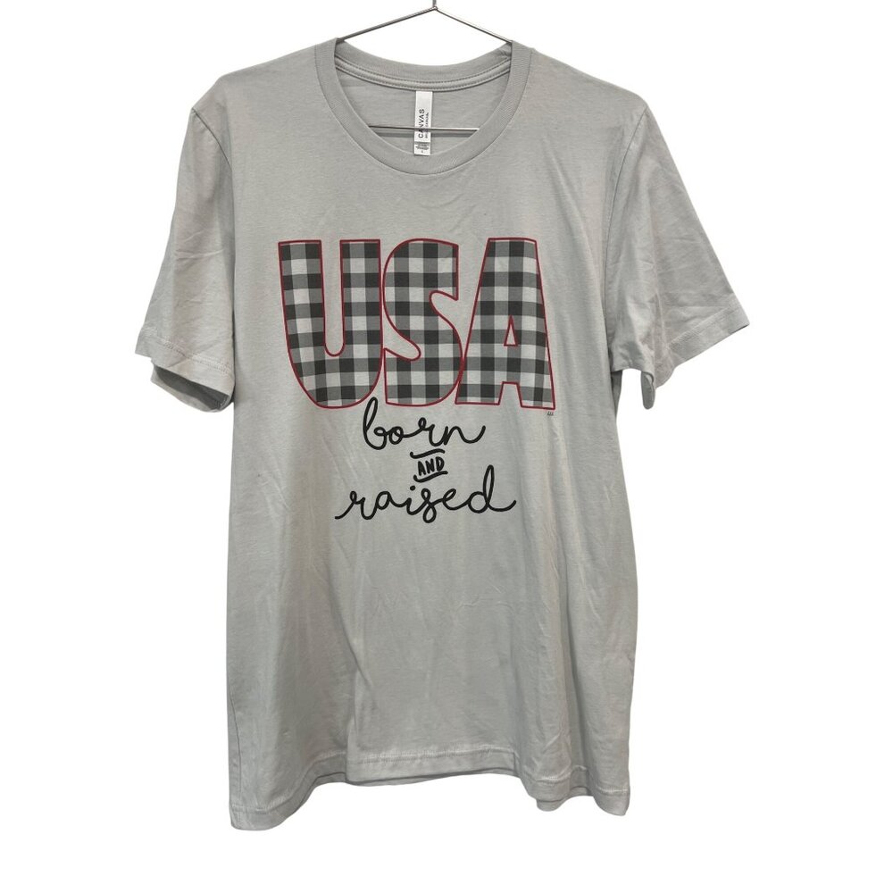 Bella + Canvas USA Born And Raised Graphic T Shirt Womens Large Plaid Patriotic
